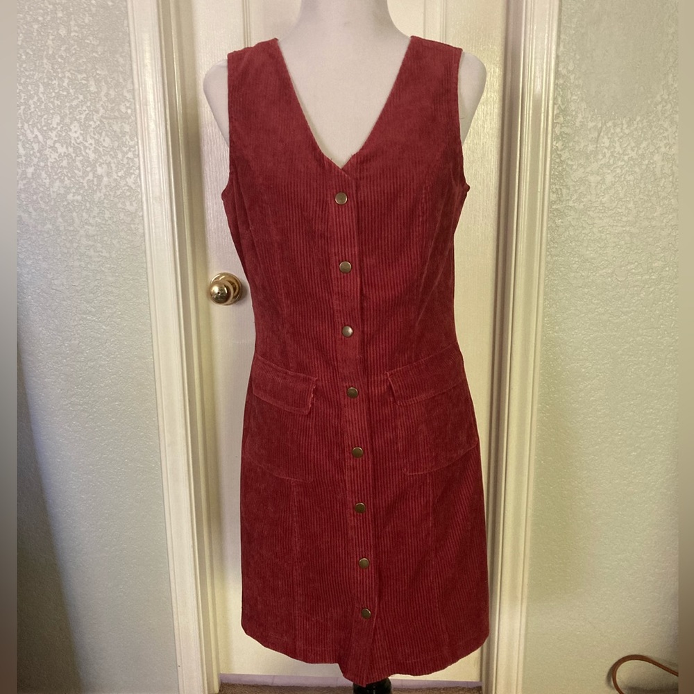 Skies Are Blue maroon corduroy v-neck jumper dress